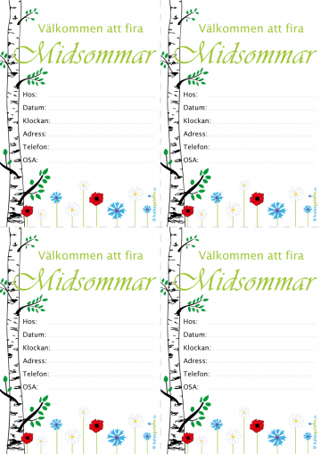 4 inbjudningskort Välkommen på midsommarfest