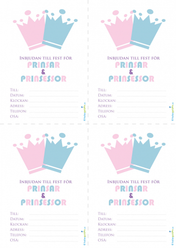 4 inbjudningskort Inbjudan till fest för prinsar och prinsessor